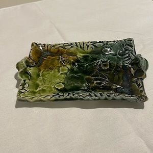 Beautiful handmade pottery dish, botanical design with handles in greens/brown!